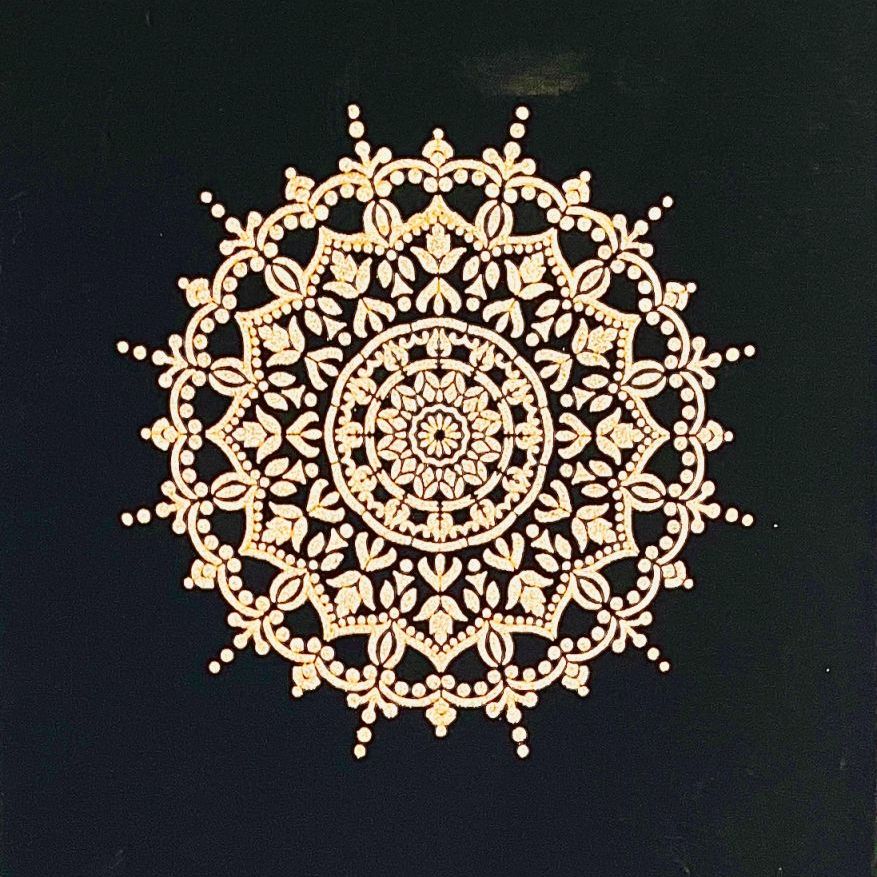 Gold and glittery mandala on matt black $260